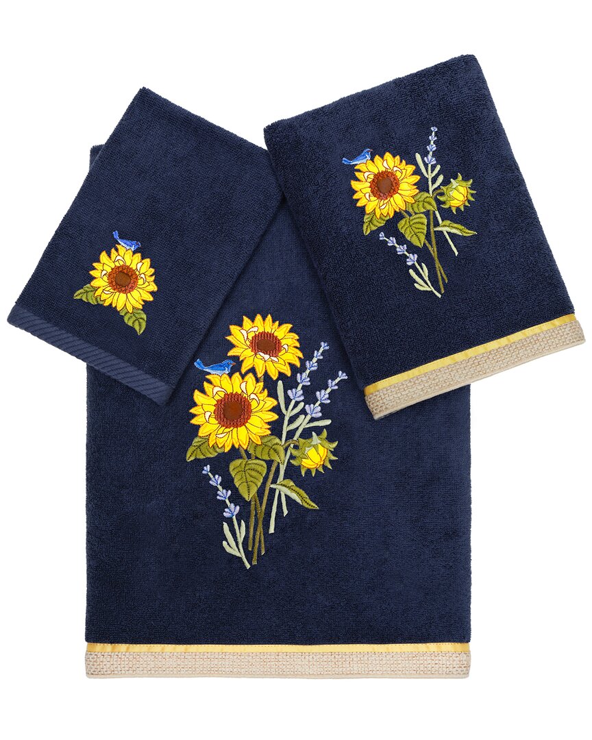 Linum Home Textiles Turkish Cotton Girasol 3pc Embellished Towel Set In Blue