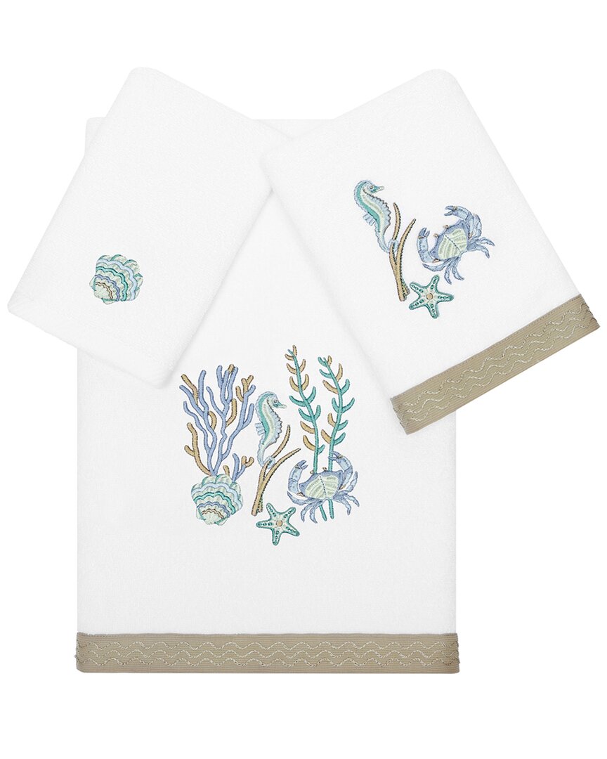 Linum Home Textiles Turkish Cotton Aaron 3pc Embellished Towel Set In White