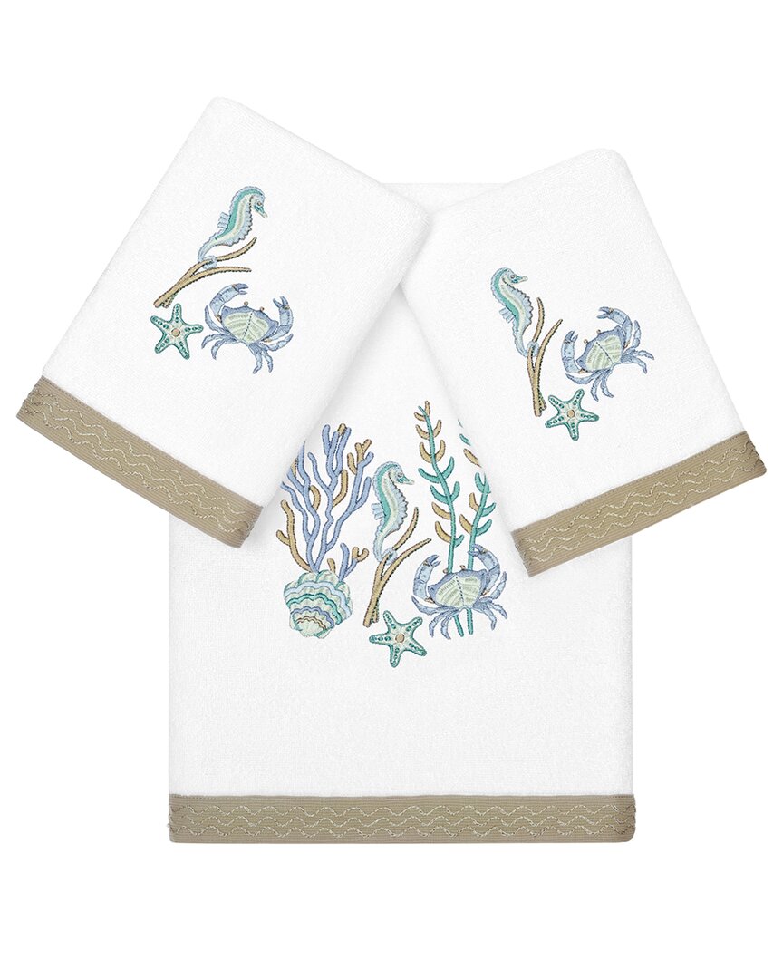Linum Home Textiles Turkish Cotton Aaron 3pc Embellished Bath & Hand Towel Set In White