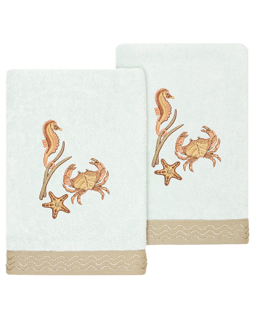 Linum Home Textiles Turkish Cotton Aaron 2pc Embellished Hand Towel Set In Aqua
