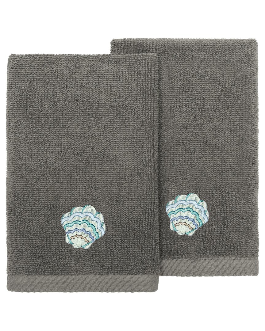 Linum Home Textiles Turkish Cotton Aaron 2pc Embellished Fingertip Towel Set In Charcoal