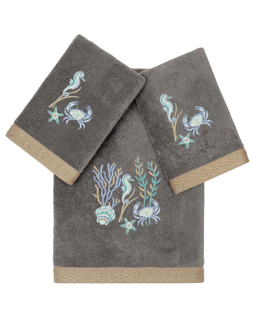 Linum Home Textiles Turkish Cotton Aaron 3pc Embellished Bath & Hand Towel Set In Charcoal