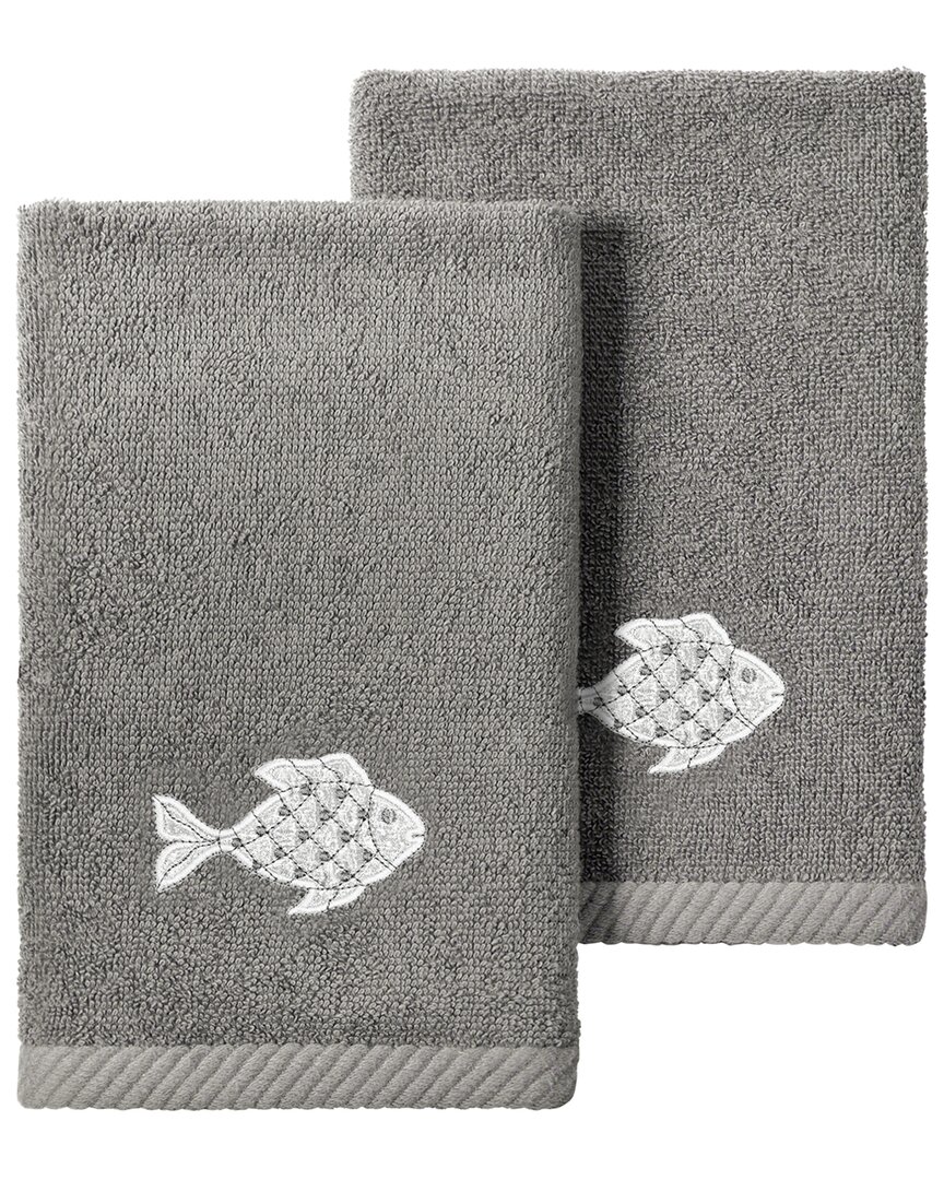 Linum Home Textiles Turkish Cotton Figi 2pc Embellished Fingertip Towel Set In Charcoal