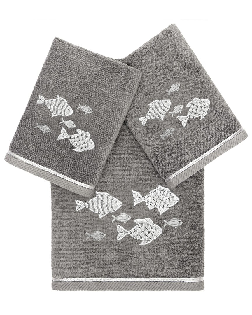 Linum Home Textiles Turkish Cotton Figi 3pc Embellished Bath & Hand Towel Set In Charcoal