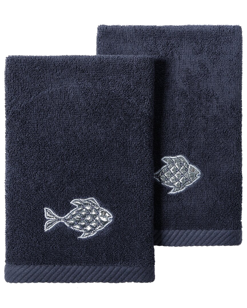 Linum Home Textiles Turkish Cotton Figi 2pc Embellished Fingertip Towel Set In Blue