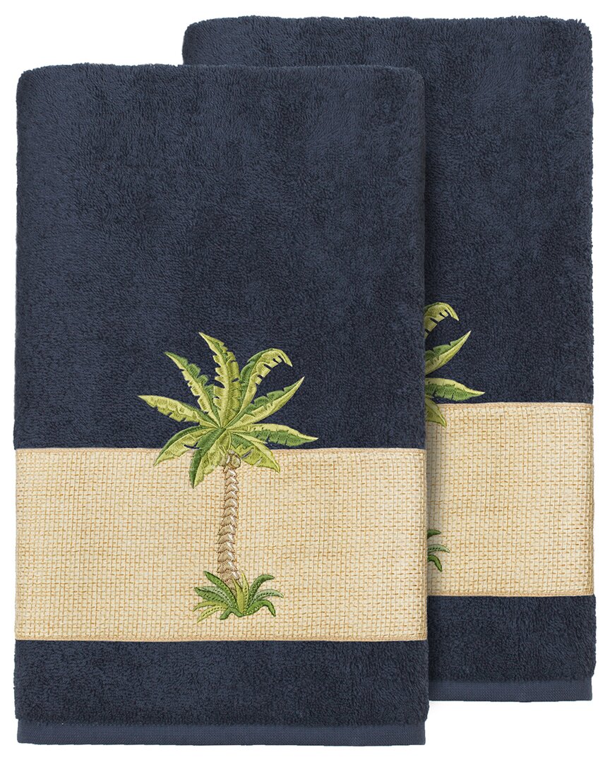 Linum Home Textiles Turkish Cotton Colton 2pc Embellished Bath Towel Set In Blue