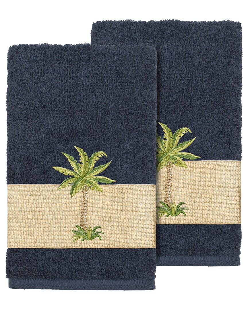 Linum Home Textiles Turkish Cotton Colton 2pc Embellished Hand Towel Set In Blue