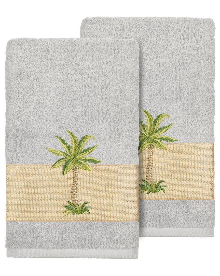 Linum Home Textiles Turkish Cotton Colton 2pc Embellished Hand Towel Set In Grey