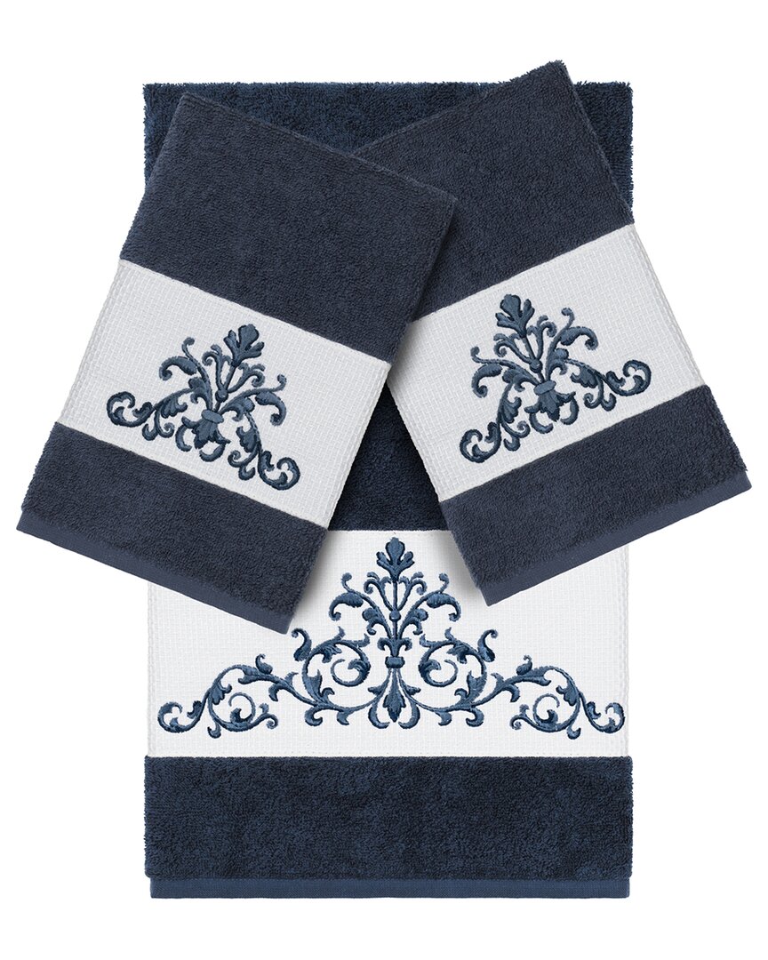 Linum Home Textiles Turkish Cotton Scarlet 3pc Embellished Bath & Hand Towel Set In Blue