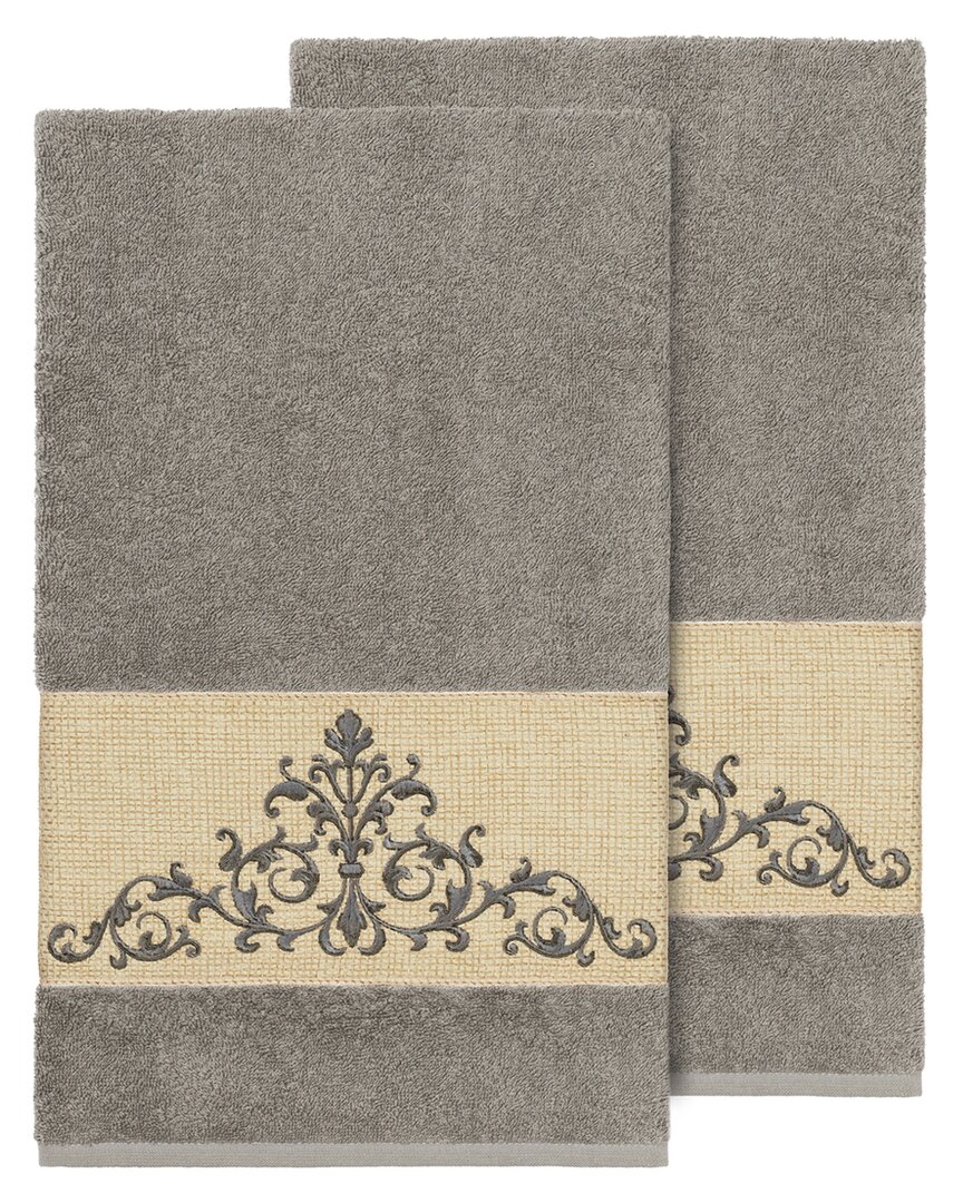 Linum Home Textiles Turkish Cotton Scarlet 2pc Embellished Bath Towel Set In Grey