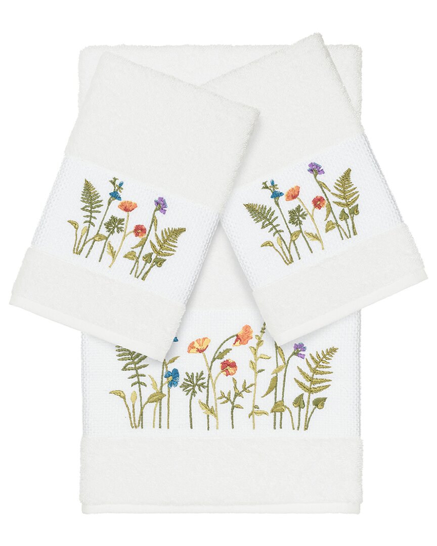 Linum Home Textiles Turkish Cotton Serenity 3pc Embellished Bath & Hand Towel Set In White
