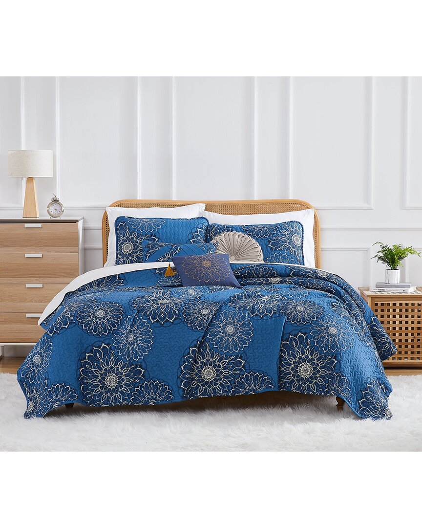 Southshore Fine Linens Midnight Floral Quilt Bedding Set In Blue