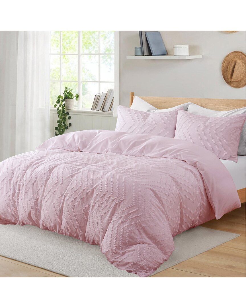 Unikome Soft Solid Clipped Jacquard Duvet Cover Set In Light Pink, Wave Quilted