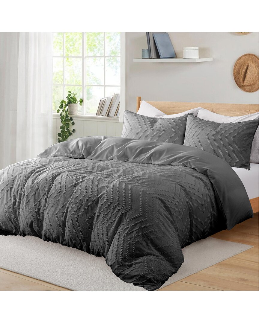 Unikome Soft Solid Clipped Jacquard Duvet Cover Set In Dark Gray, Sauqre Quilted