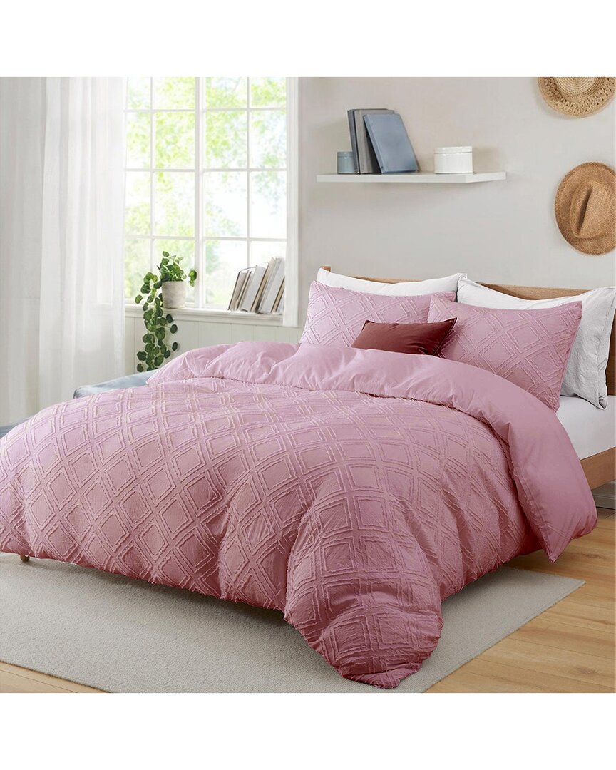 Unikome Diamond Quilted Clipped Jacquard Duvet Cover Set In Pink