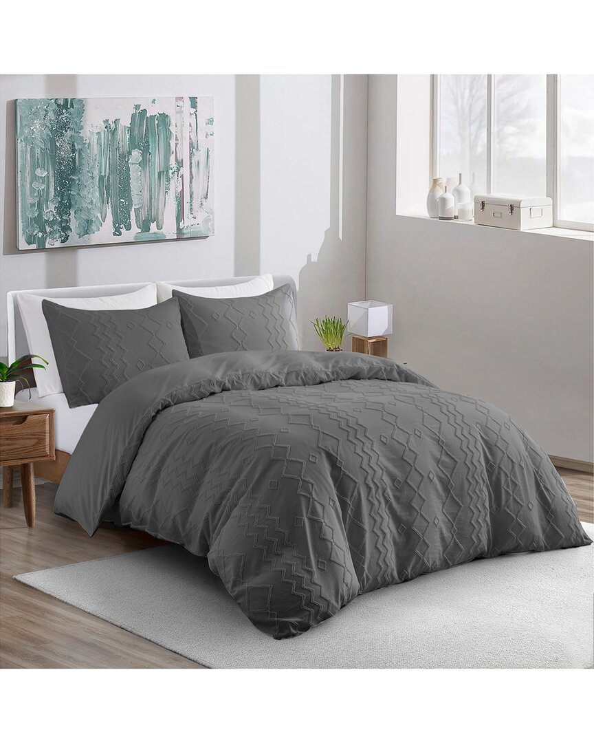 Unikome Soft Solid Clipped Jacquard Duvet Cover Set In Dark Gray, Diamond Quilted