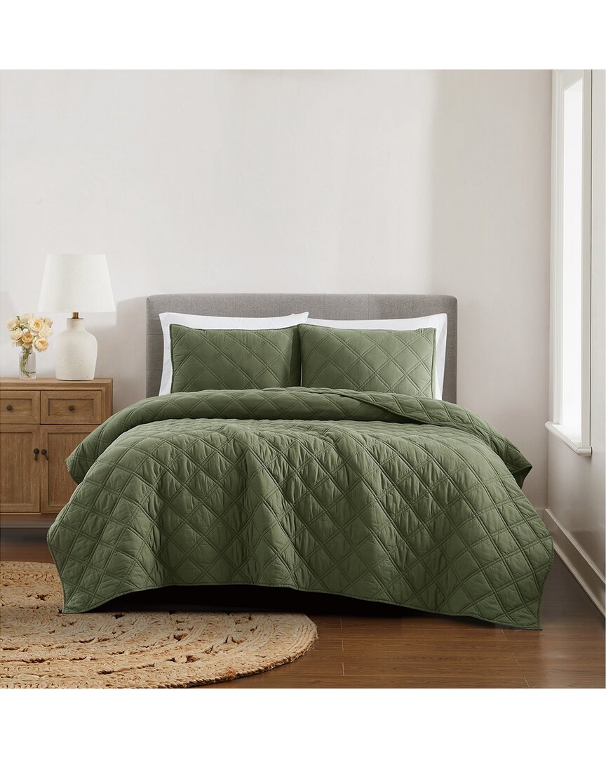 Brooklyn Loom Diamond Washed Cotton Quilt Set In Green