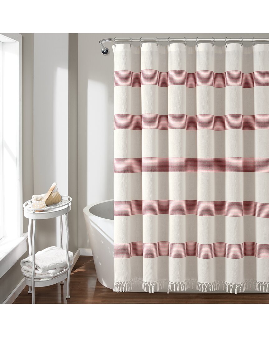 Lush Decor Fashion Tucker Stripe Yarn Dyed Cotton Knotted Tassel Shower Curtain In White