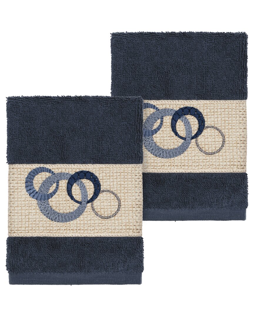 Linum Home Textiles Turkish Cotton Annabelle 2pc Embellished Washcloth Set In Blue