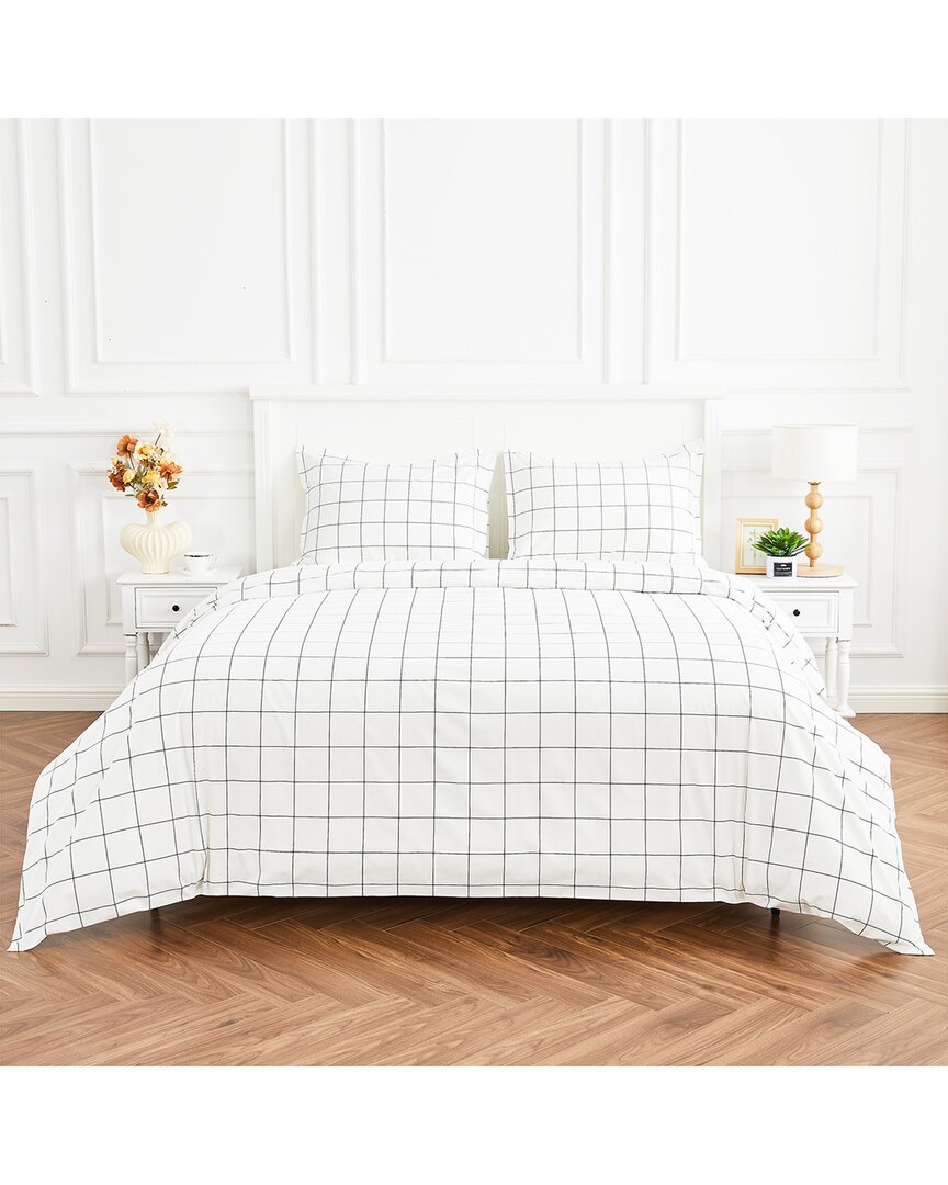 Melange Mélange Home Grid Percale Cotton Duvet Set In White