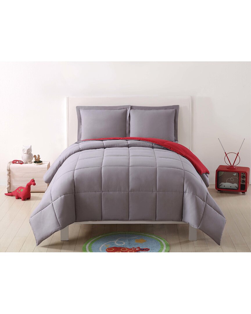 My World Solid And Red Reversible Comforter Set In Grey