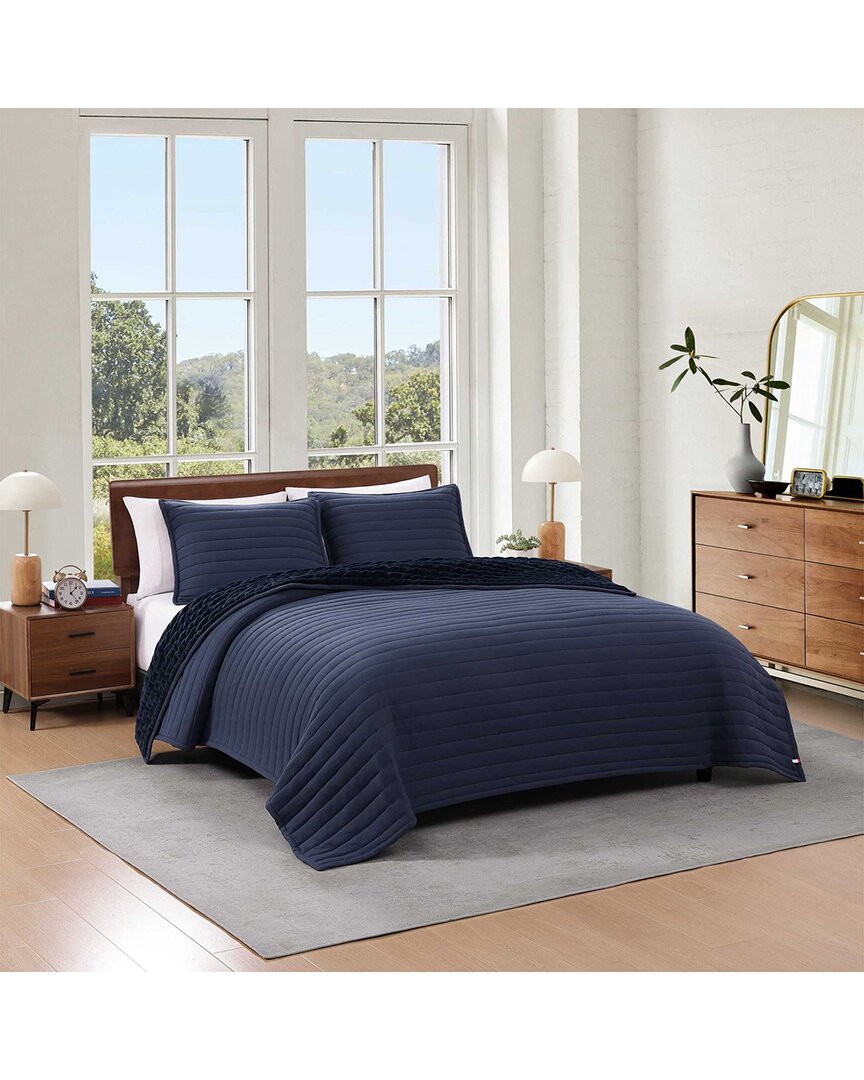 Tommy Hilfiger Classic Comfort Solid Flannel Quilt Set In Blue