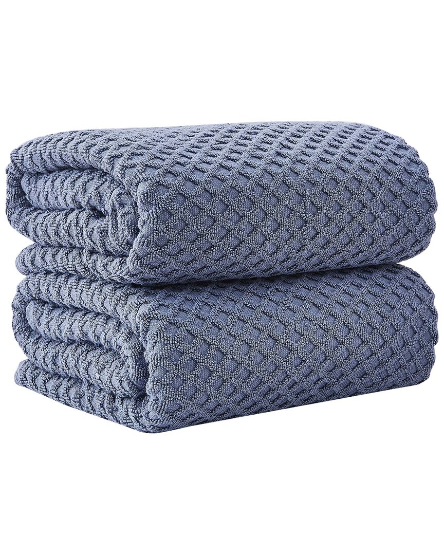 Linery & Co Cotton Diamond Waffle Texture Bath Towels In Blue
