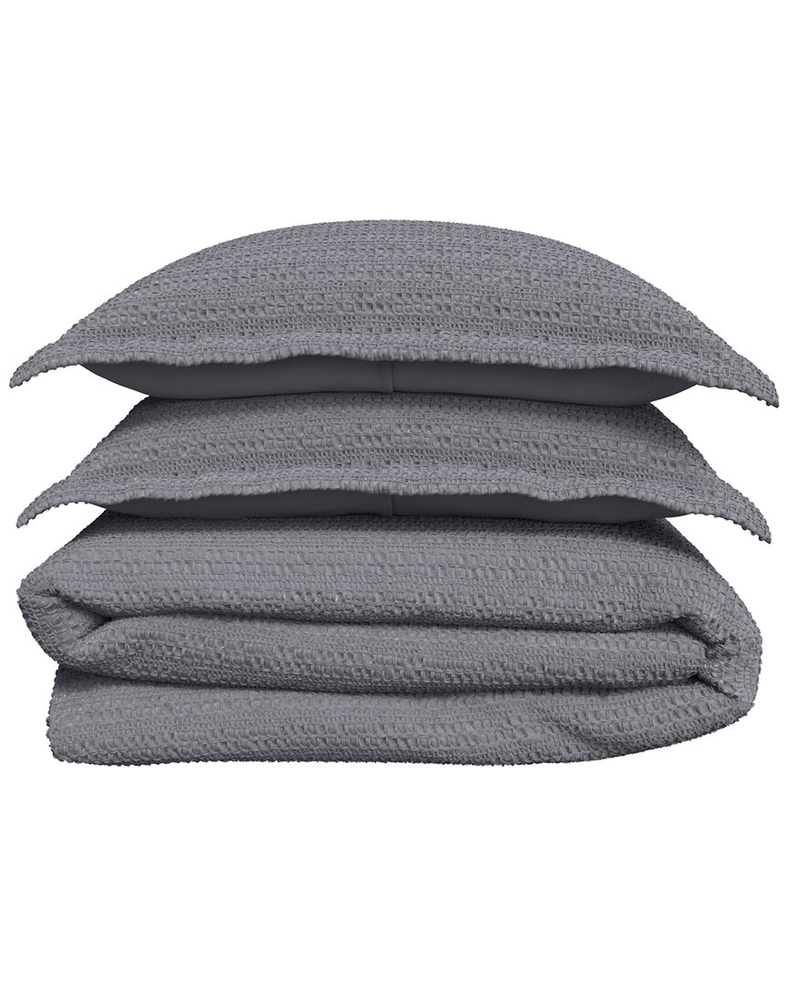 Linery & Co 100% Cotton Reversible Waffle Weave / Percale Duvet Cover Set In Gray