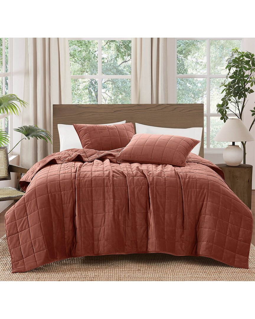 Brooklyn Loom Matte Cotton Velvet Channel Stitch Quilt Set In Brown