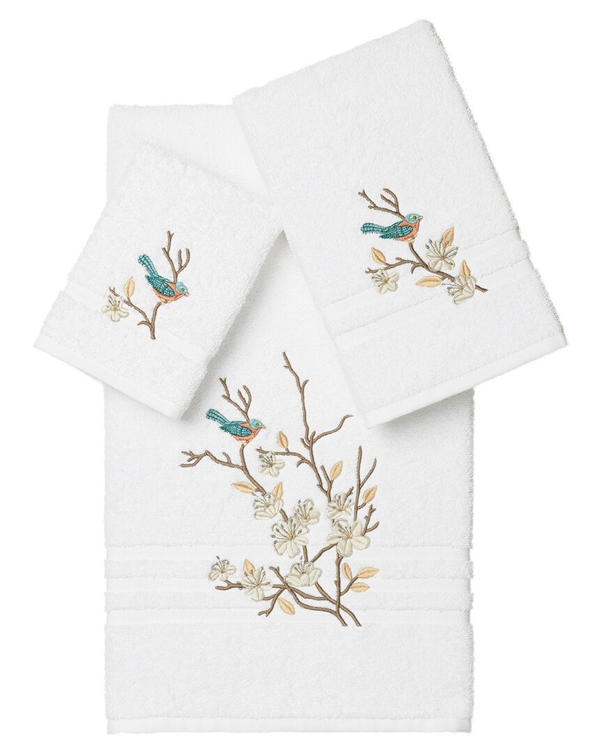 Linum Home Textiles Turkish Cotton Spring Time 3pc Embellished Towel Set In White