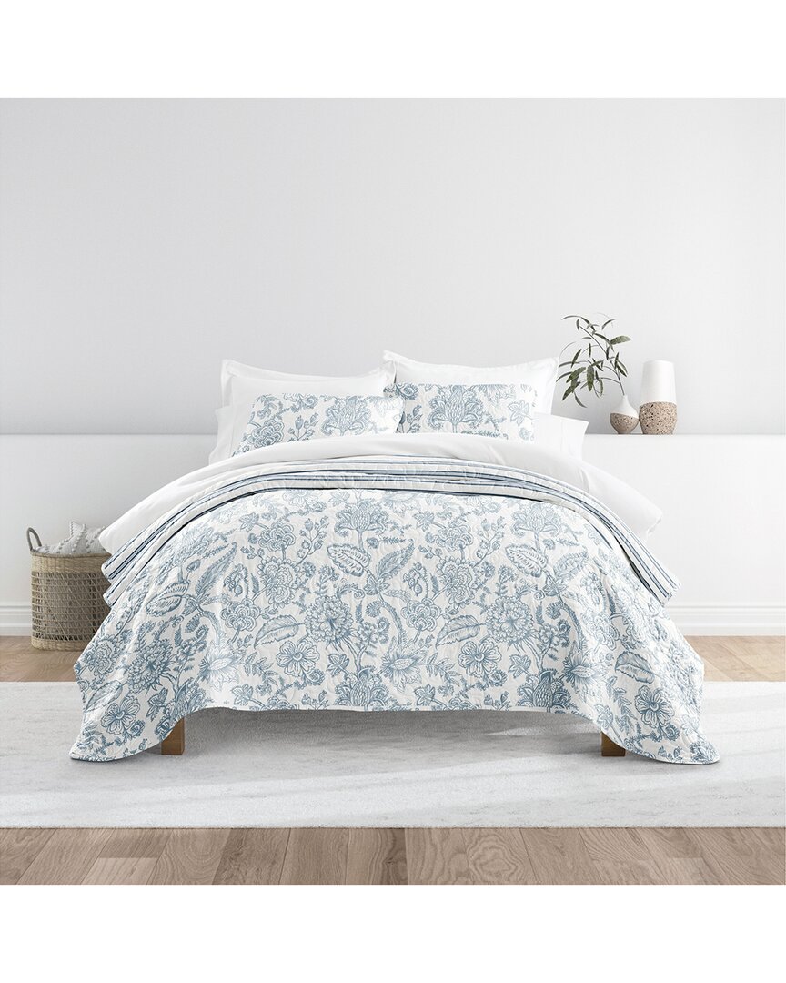 Home Collection All Season Jacobean/stripe Reversible Quilt Set In Blue