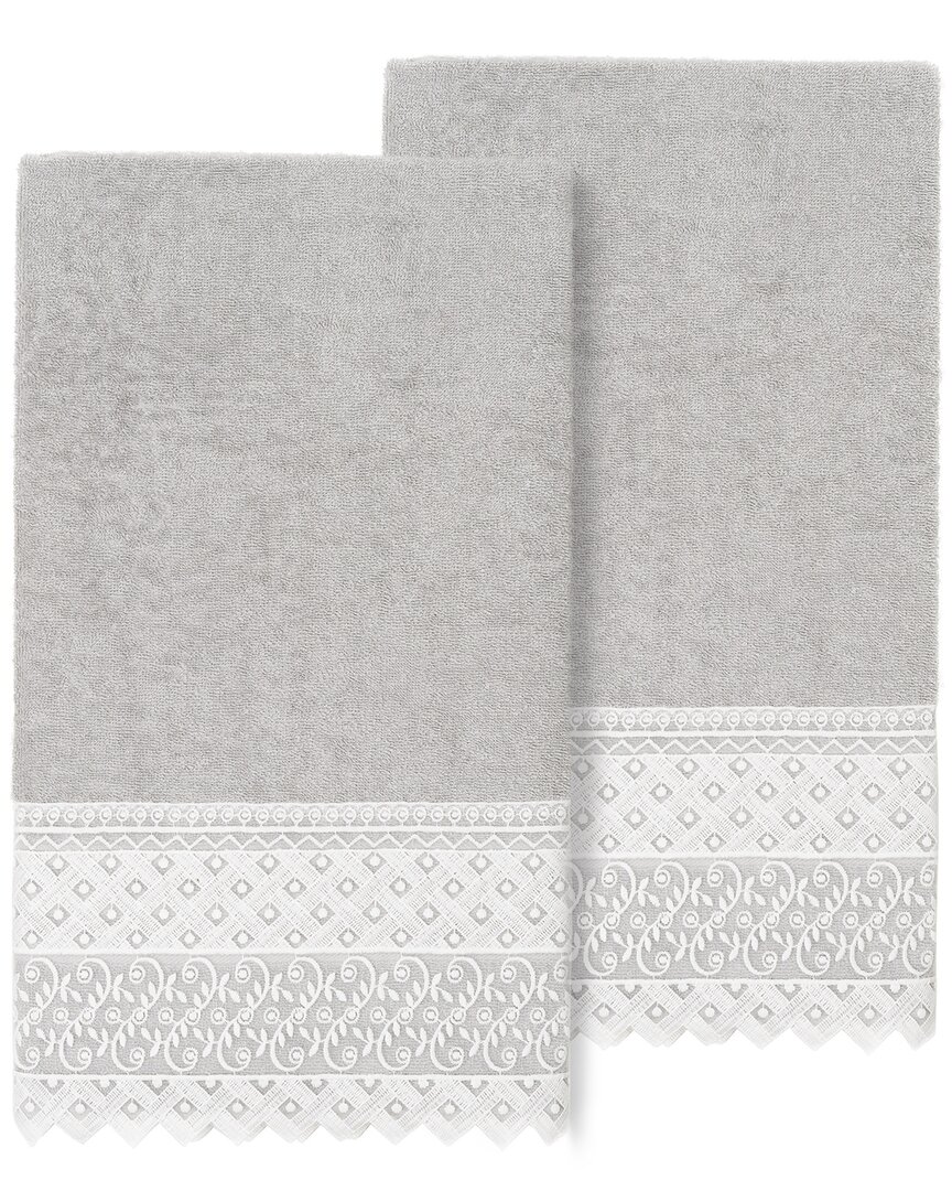 Linum Home Textiles 100% Turkish Cotton Aiden 2pc White Lace Embellished Bath Towel Set In Gray