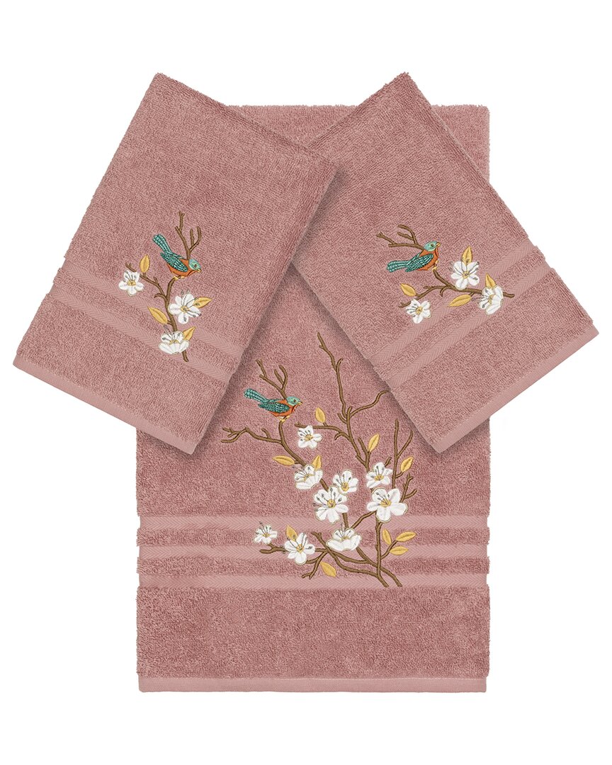 Linum Home Textiles Turkish Cotton Spring Time 3pc Embellished Bath & Hand Towel Set In Rose