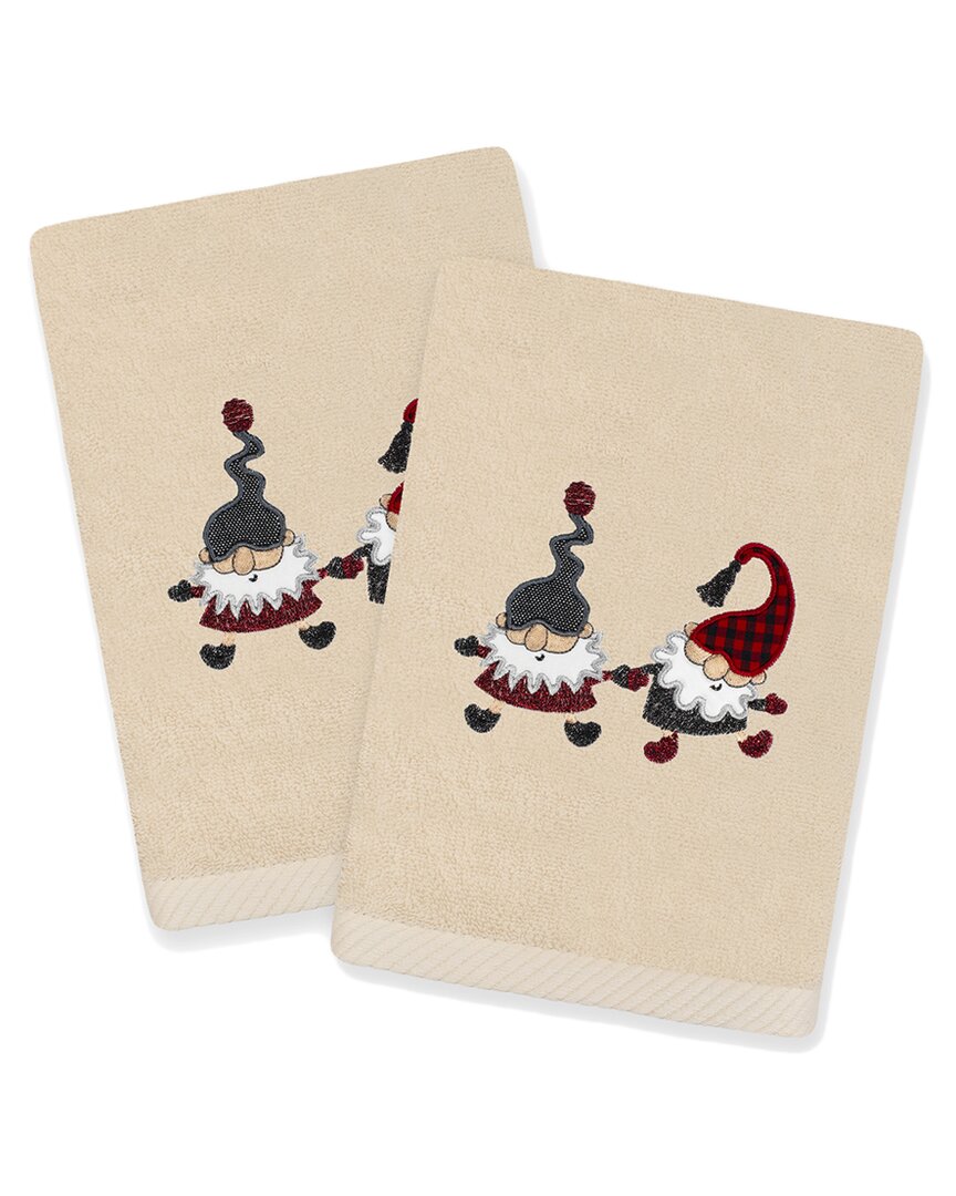 Linum Home Textiles Christmas Gnomes - Embroidered Luxury Set Of 2 Turkish Cotton Hand Towels In Beige