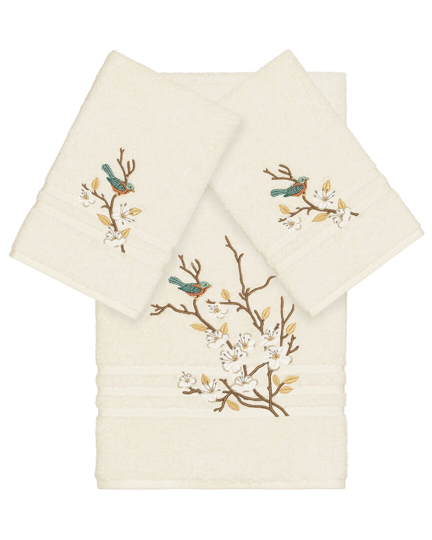 Linum Home Textiles Turkish Cotton Spring Time 3pc Embellished Bath & Hand Towel Set In Cream