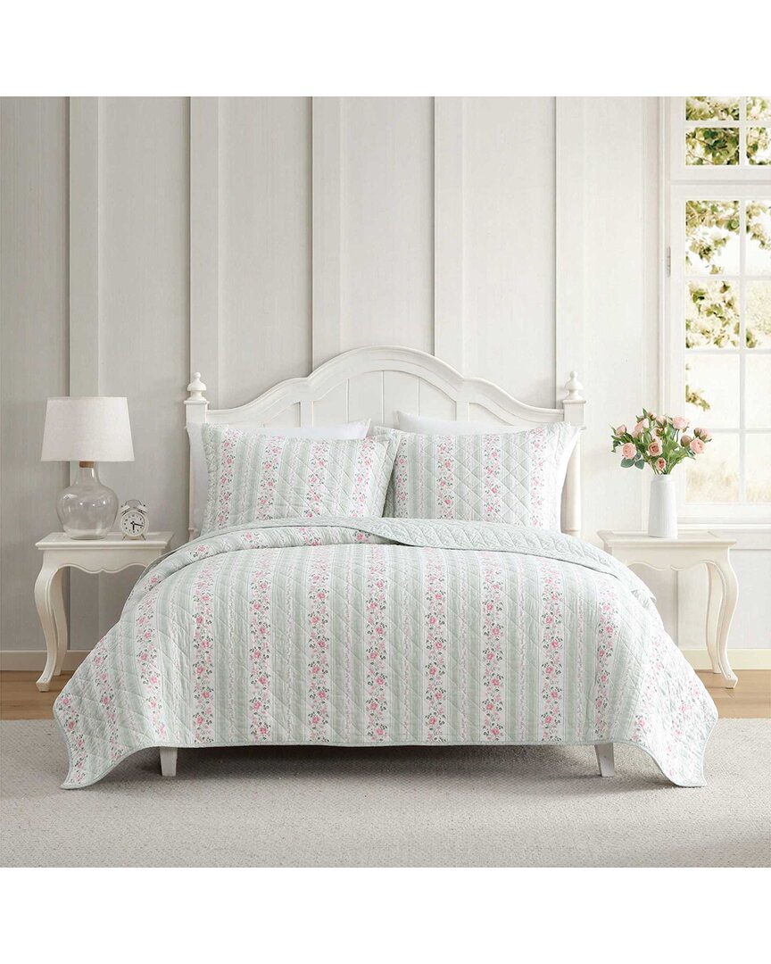 Laura Ashley Rosebud Stripe/whitaker Vine Cotton Percale Quilt Set