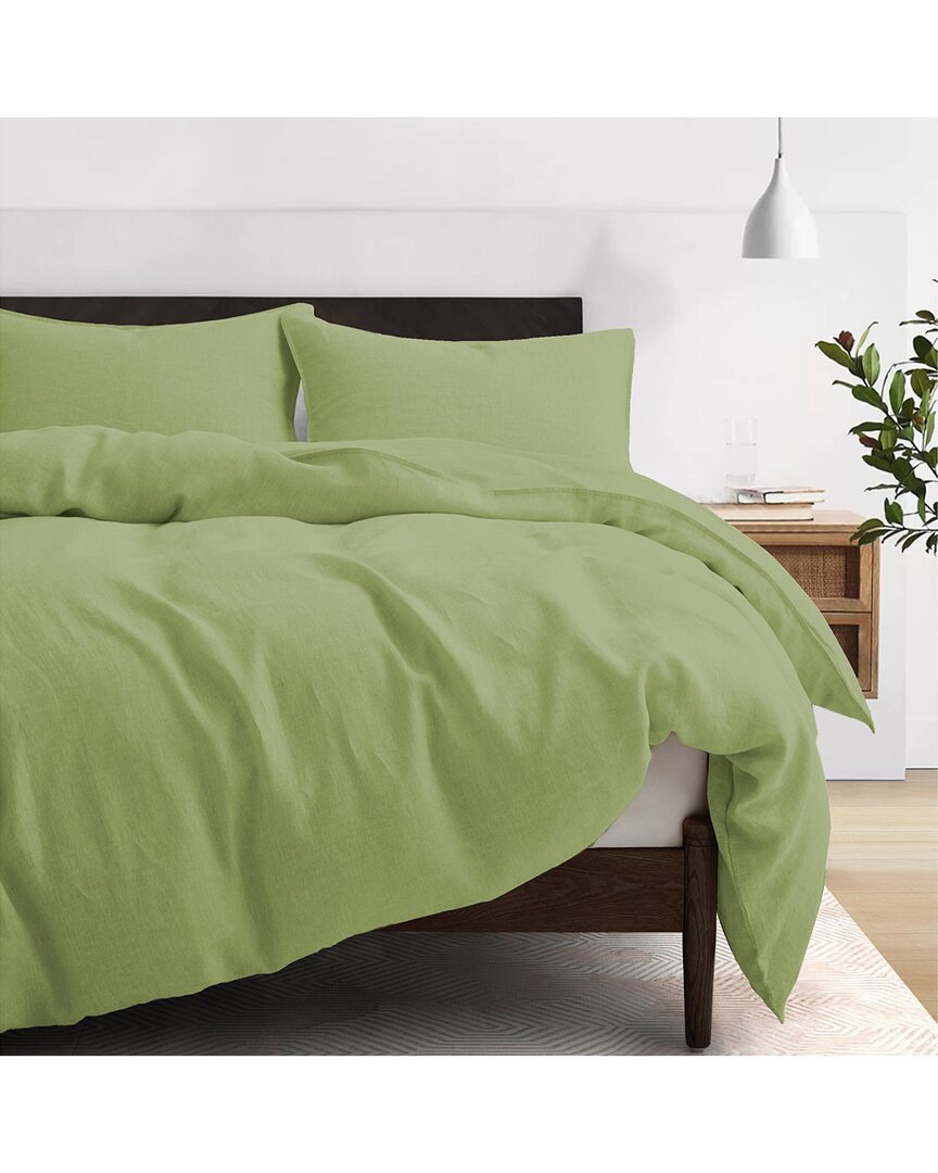 Unikome Solid Quilted Linen Duvet Cover Set With Corner Loops In Green