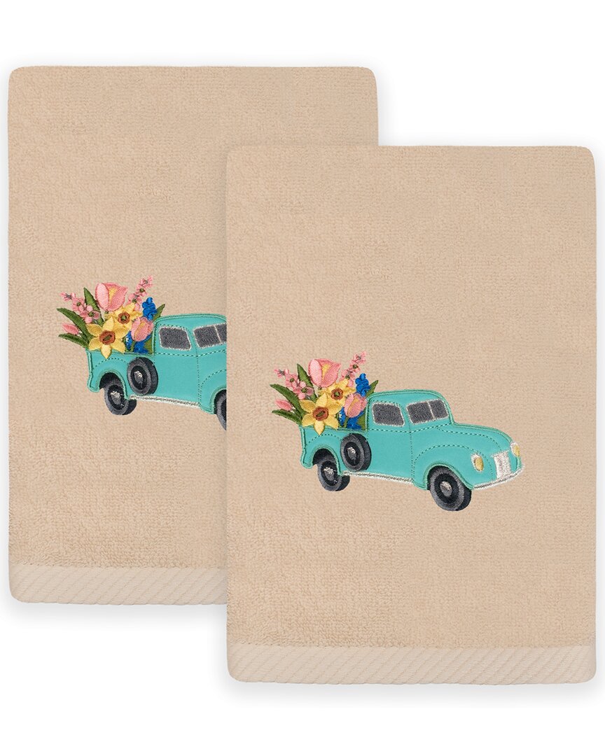 Linum Home Textiles Set Of 2 Spring Truck Embroidered Luxury Hand Towels In Neutral