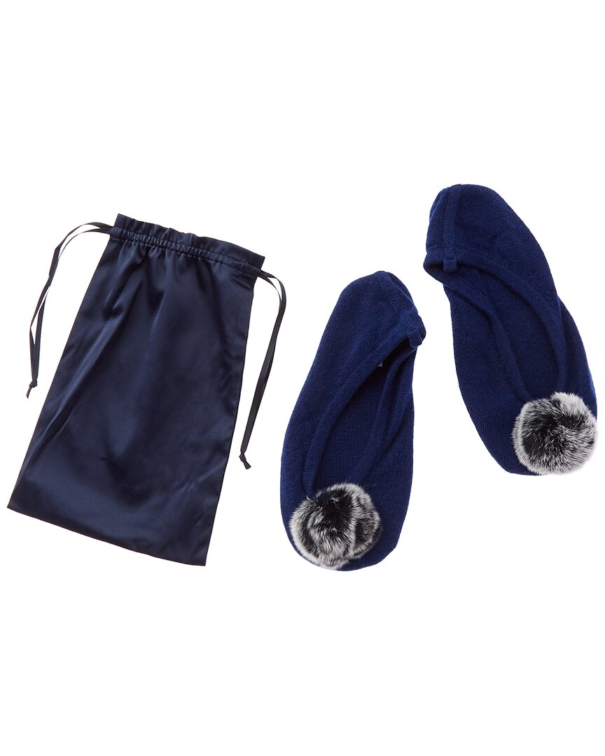 Sofia Cashmere Sofiacashmere Cashmere Knitted Ballet Slipper With Fox Pom & Drawstring Pouch In Blue