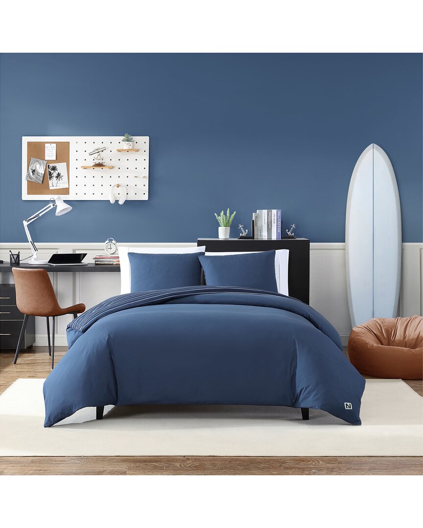 Nautica Longdale Solid Stripe Brushed Microfiber Duvet Cover Sets Bedding In Blue
