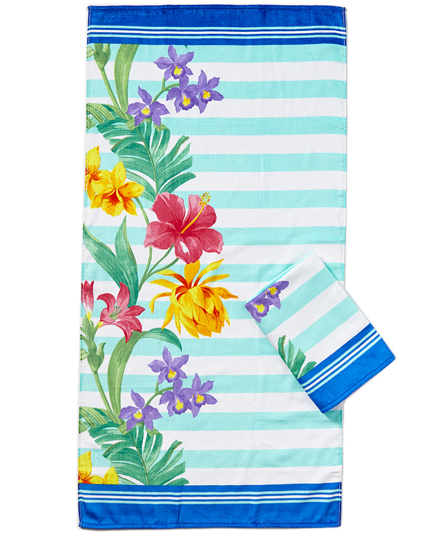 Dohler Set Of 2 Set Floral & Stripes Beach Towels In Green