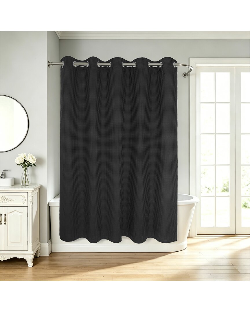 Awesome Home No Hook Honeycomb Waffle Woven Shower Curtain With Liner In Black