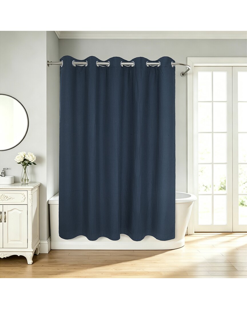 Awesome Home No Hook Honeycomb Waffle Woven Shower Curtain With Liner In Blue