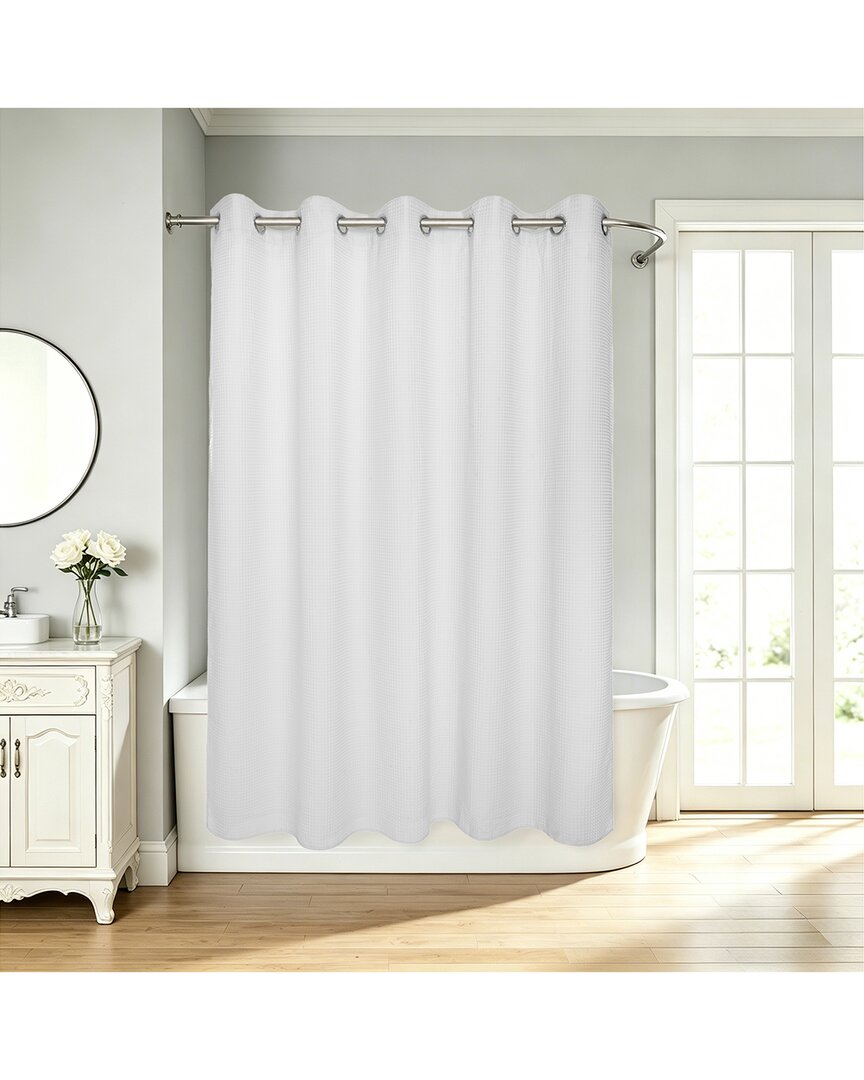 Awesome Home No Hook Honeycomb Waffle Woven Shower Curtain With Liner In White