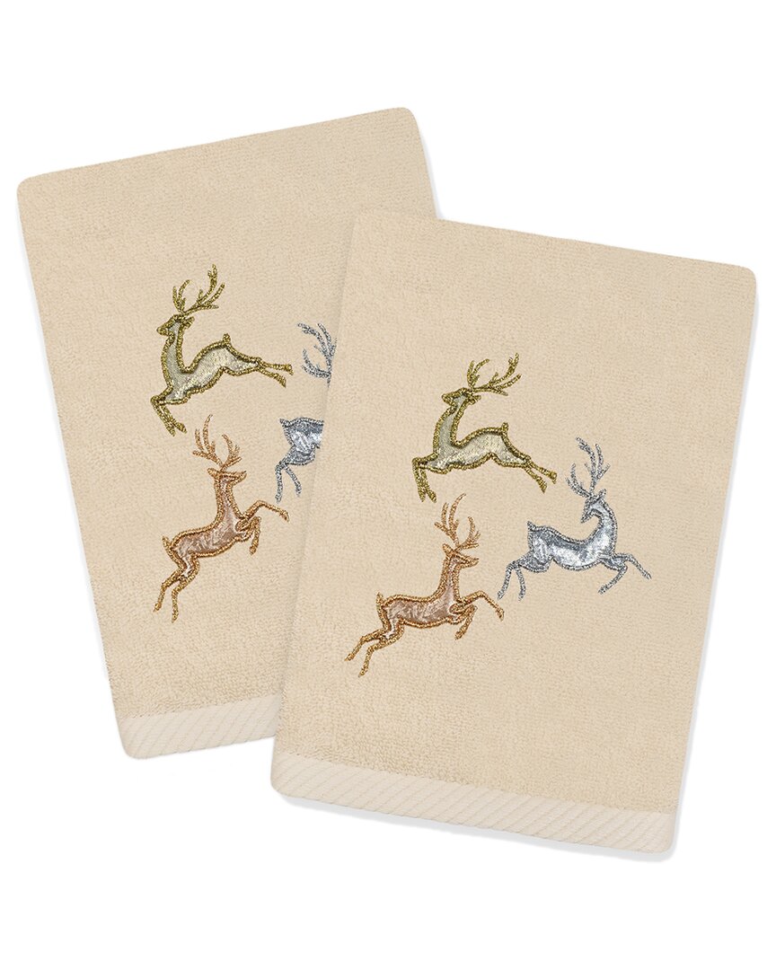 Linum Home Textiles Christmas Leaping Deer - Embroidered Luxury Set Of 2 Turkish Cotton Hand Towels In Beige