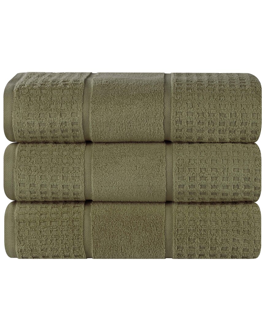 Superior Set Of 3 Zero Twist Cotton Waffle Honeycomb Plush Soft Absorbent Bath Towels In Green