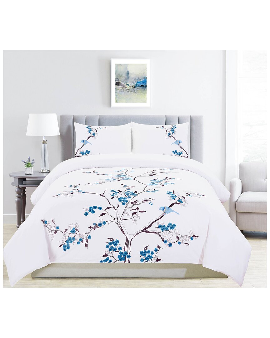 Superior Cherry Garden Button Closure Duvet Cover Set In Blue