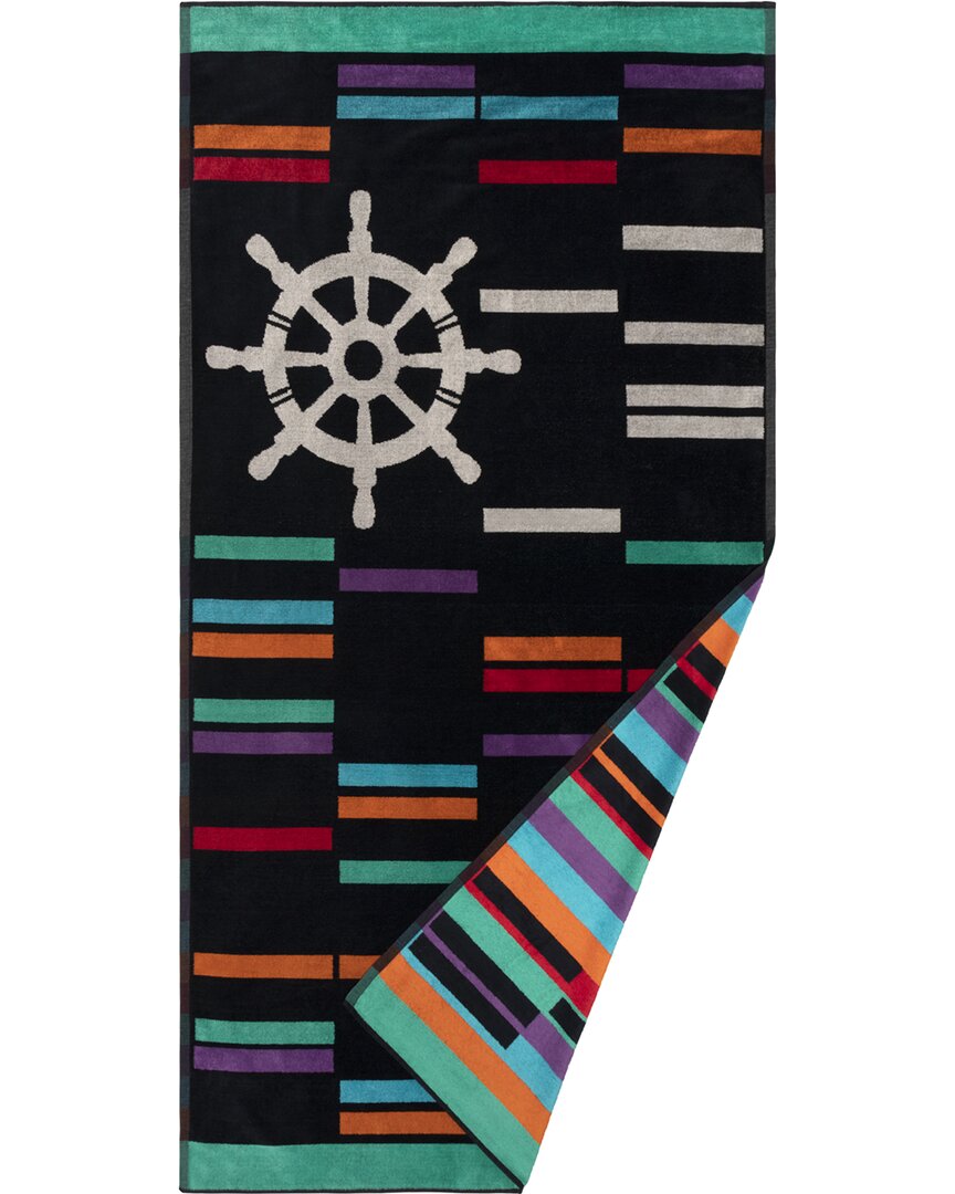 Superior Retro Spin Wheel Oversized Absorbent Lightweight Beach Cotton Towel In Black