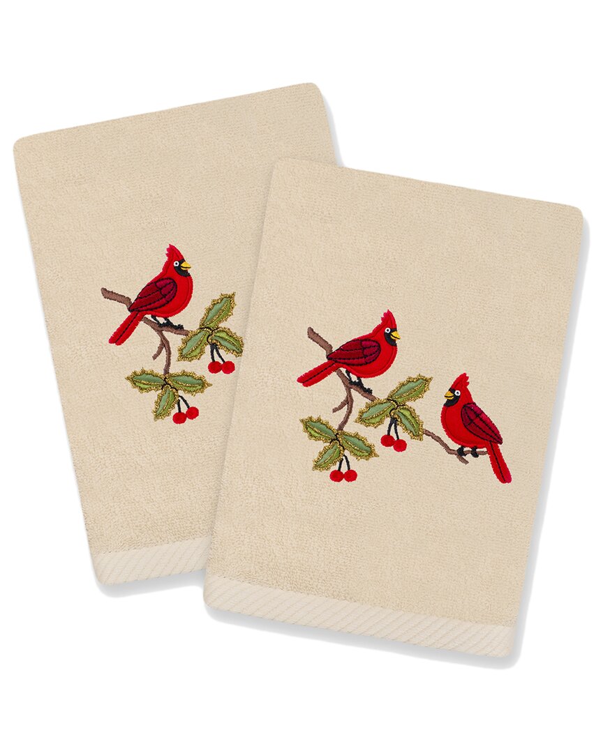 Linum Home Textiles Christmas Red Pair - Embroidered Luxury Set Of 2 Turkish Cotton Hand Towels In Beige