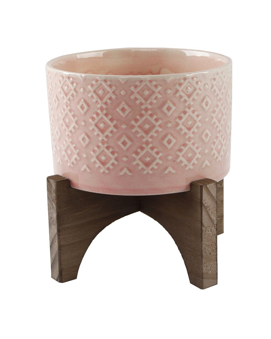 Flora Bunda 5in India Ceramic Planter On Wood Stand In Pink